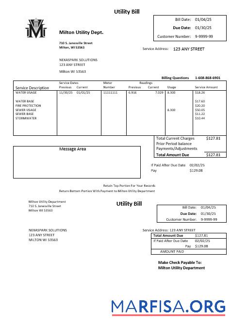 Blank USA Massachusetts Milton Utility Dept water business utility bill template in Word and PDF formats
